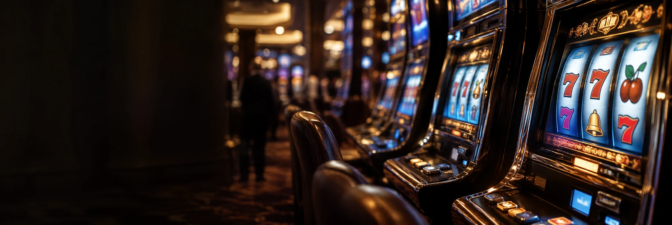 Warmly illuminated slot machines on a casino floor
